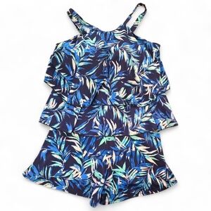 Fit 4 U Blue Tropical One-Piece Tiered Romper Swimsuit 18W Plus Size